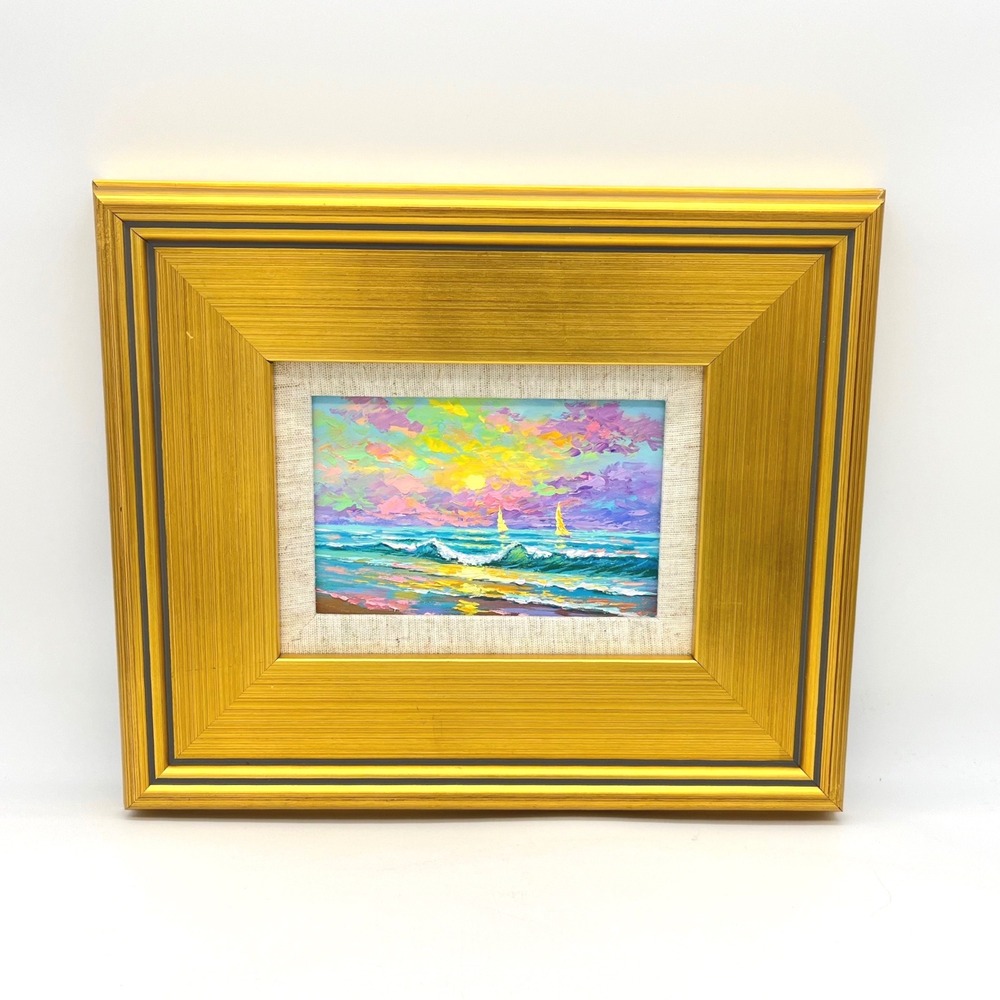 Original Impressionist Oil Painting Coastal Sunset Sailboats Gold Frame‎ 10x12